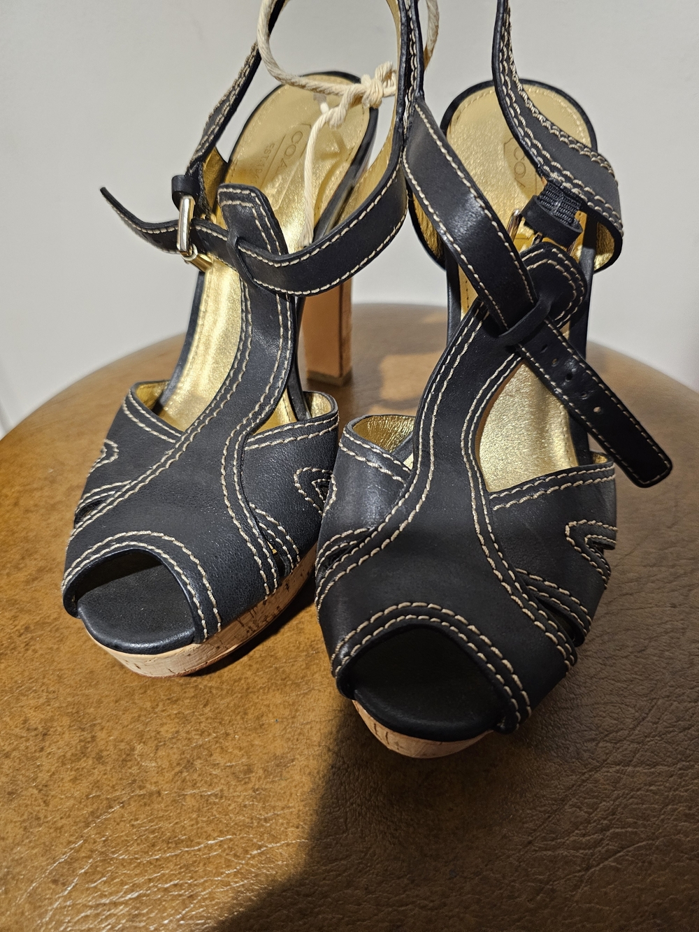 COACH Bianca Platform  Black Peep-Toe Leather Platform Heels SIZE 7